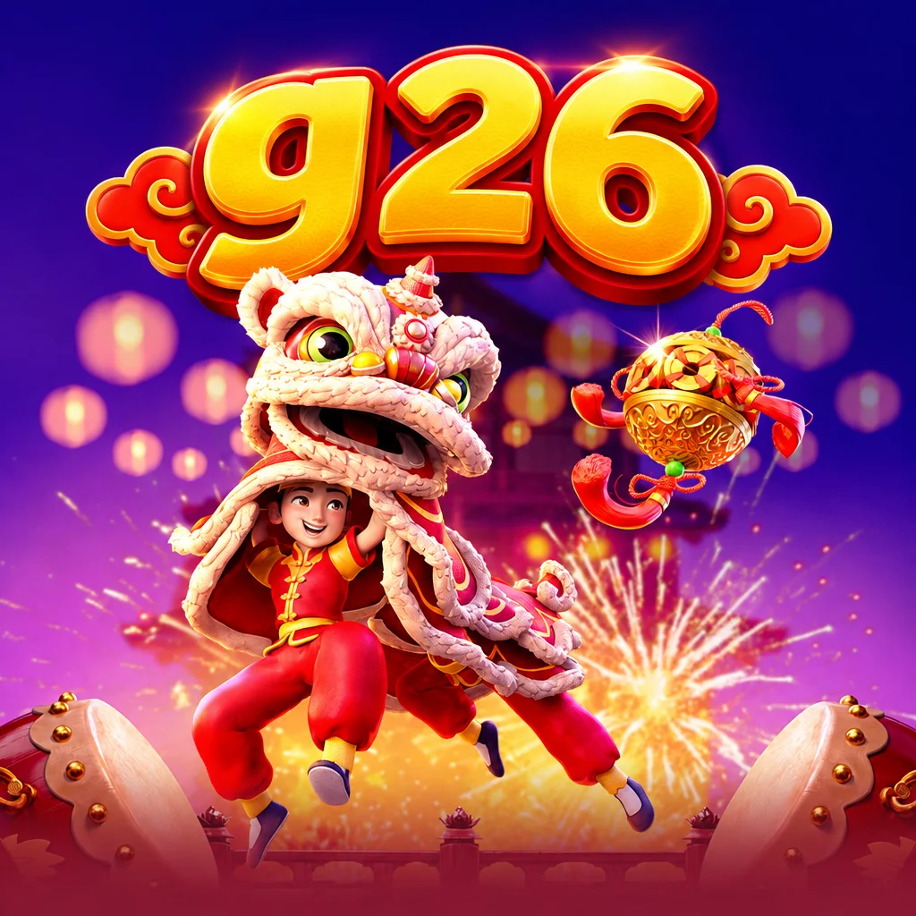 Atraksi tarian barongsai dengan anak kecil berkostum merah pada game Prosperity Lion dari g26