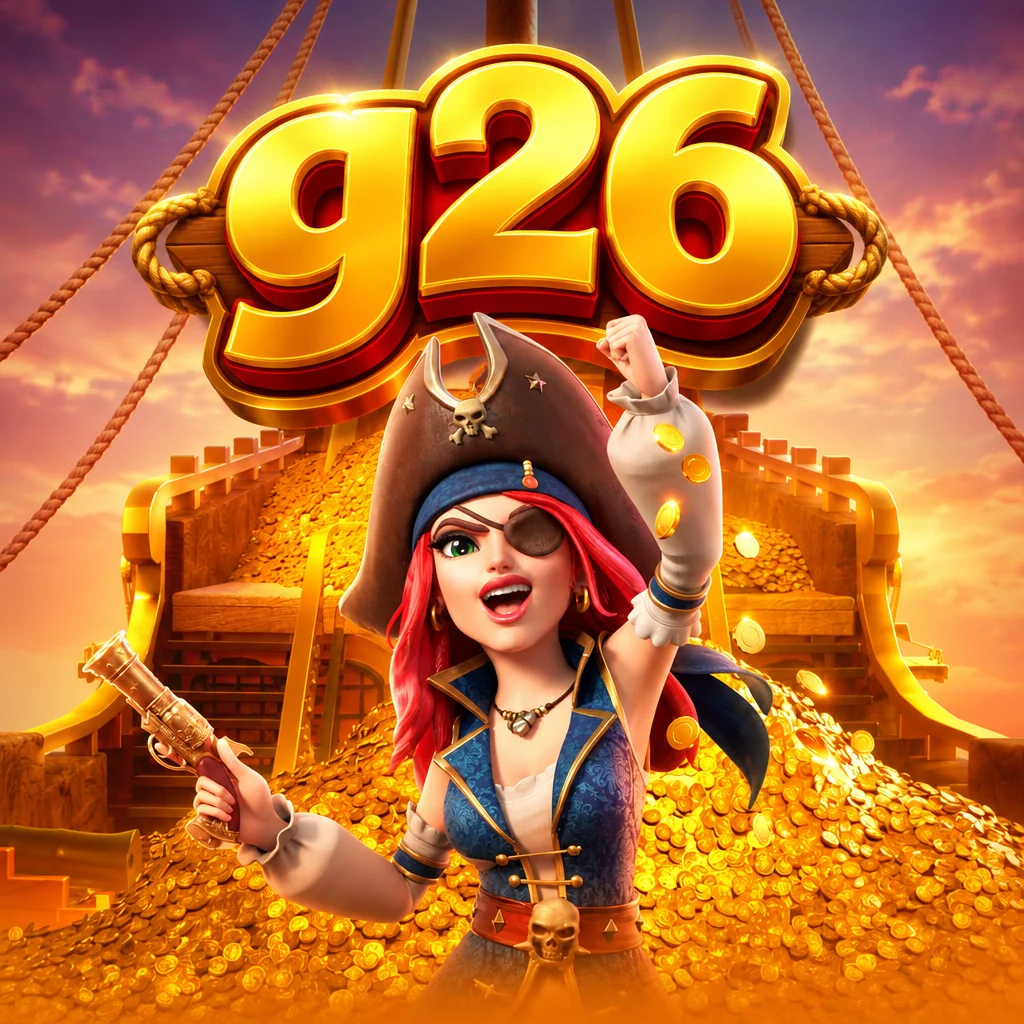 Karakter kapten bajak laut wanita di atas kapal bertumpuk koin emas pada game Queen Bounty dari g26